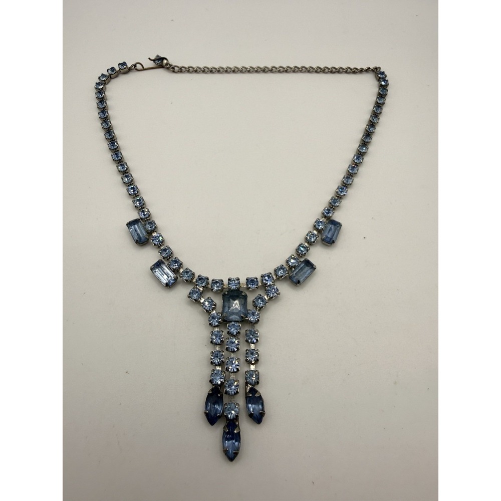 Vintage Blue Rhinestone Necklace MCM Prong Set Waterfall Choker 14"
